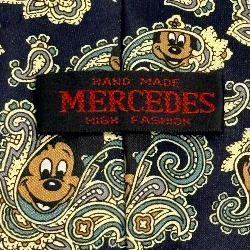 Mercedes Mickey Mouse Paisley Necktie Disney Character Navy Blue Silk Mens Tie